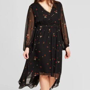 Women's WHO WHAT WEAR black floral Ditzy Bouquet Sheer Midi Dress - Size Medium
